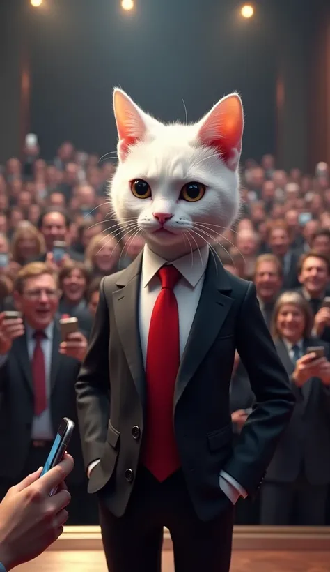 In cinematic 3D style, HD image, realistic image, colourful image.
Character, white baby cat wearing black suit and white shirt and red tie and black pant and black shoes 
Action,On a stage, a man reporter is interviewing a white baby cat with a microphone...