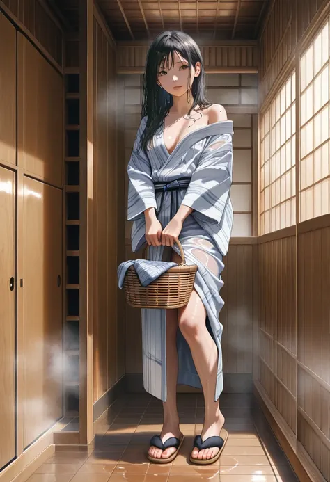 masterpiece, Highest image quality, realistic photo, Raw photo, full body photo, front view, (Japanese Yukata, Japanese robe, bathhouse , changing room, beautiful woman is holding clothes basket In hands, off shoulder, steam in room), beautiful face, detai...