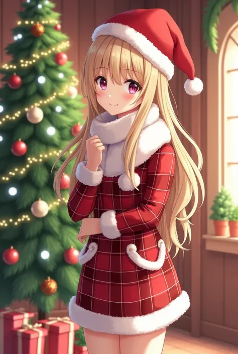 Marin Kitagawa in full Christmas outfit with warm smile next to a Christmas tree 