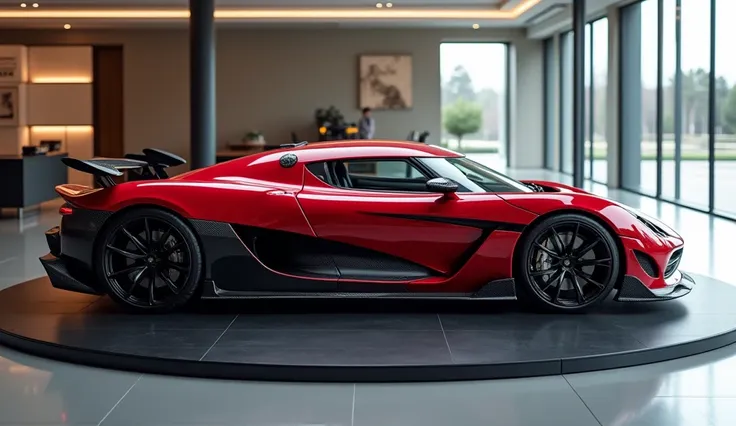 New 2025 koenigsegg  regara hd full attractive red and black shiny at showroom stage stand 