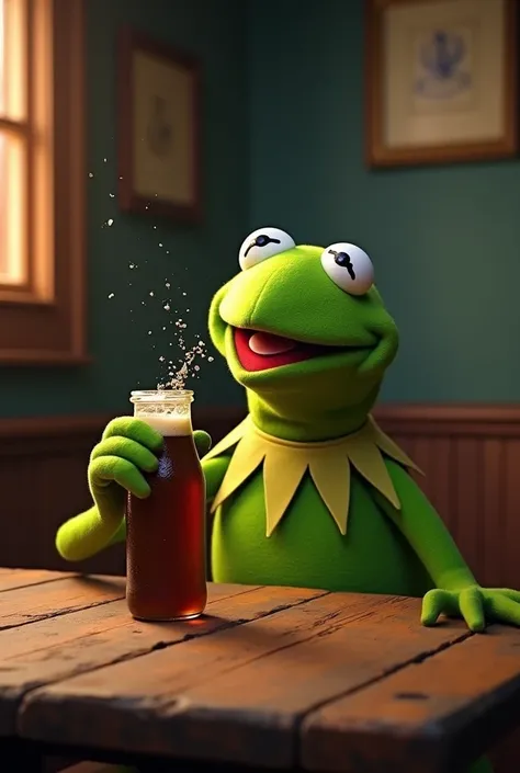 Kermit drinks mortar sudden crack
The beer bottle on the table