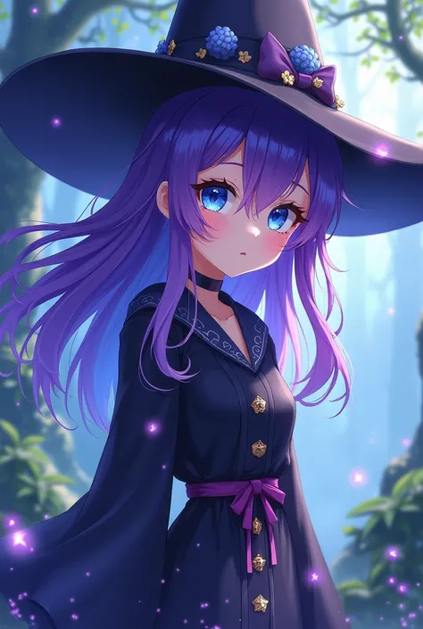 A cute girl with a purple and blue hair with a blue eyes,a witch,anime