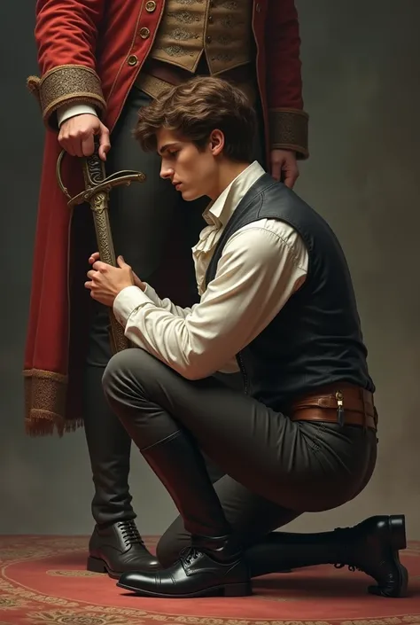  Take a picture of a handsome young man , who kneels in front of a  .  He has brown hair and wears clothes from 19 . century.  The  is male and has a sword in it. 