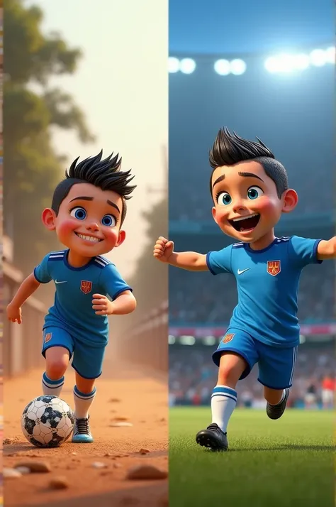 Life Lesson - Before and After

"A split Pixar-style scene showing Cristiano Ronaldos journey: on the left, young Ronaldo with shiny hair, big blue eyes, and a blue shirt and shorts playing soccer on dusty streets; on the right, grown-up Ronaldo, in the sa...