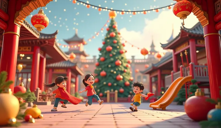 3D rendering style. The park in China town is decorated for Christmas with fairy lights, Christmas decorations, baubles, and a Christmas tree. Some ren playing slide and swing.