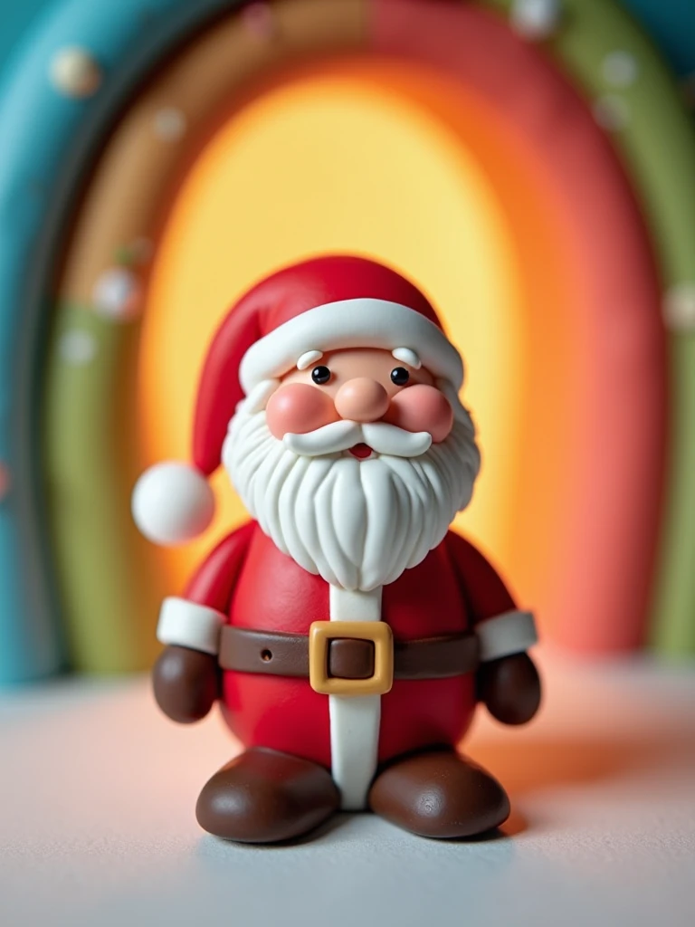  Santa made of clay， cute image，Clay style， clay material ，Red costume ，colorful halo background ，soft，Product Photography