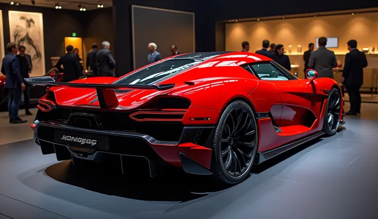 New 2025 koenigsegg  regara hd full attractive red and black shiny at showroom stage stand back view 