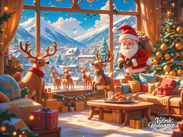 （masterpiece、 High Quality 、 high image quality、４Ｋ、８k、 Details）、funny Christmas Meme,  cute anime style 、 A family of reindeer is having a Christmas party in a warm room、 Santa Claus is peeking out of the big window 、Santa with an amazing face 、 snowy land...