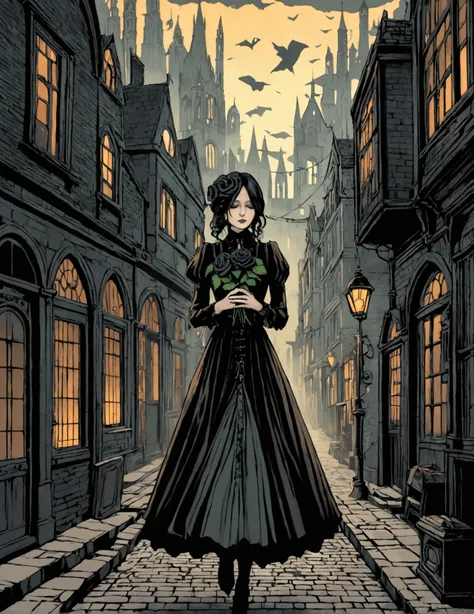 In a style that mixes steampunk with londongothic illustration a woman with a black rose in her hands that seems to cry. She is walking through a strange city.