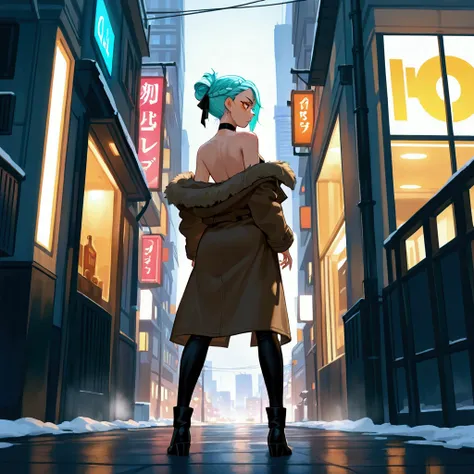 1girl, solo, back shot, full body, (best quality), 8k, masterpiece, aqua hair, short hair, braided bangs (hairstyle), calm, BREAK, orange eyes, BREAK, freckles, shivering, cold, BREAK, perfect face, medium breasts, BREAK, (red lipstick), (golden eyeshadow)...