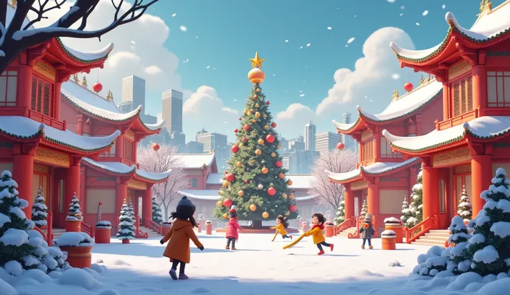 3D rendering style. The snowy park in China town is decorated for Christmas with fairy lights, Christmas decorations, baubles, and a Christmas tree. Some ren playing slide and swing.