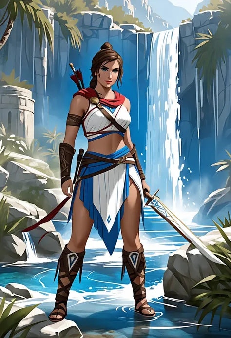 Kassandra, from Assassins Creed, standing by a waterfall in the greek wilderness