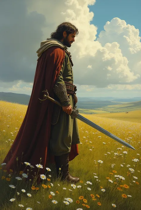 painting of a man in a cloak holding a sword in a field of flowers, a detailed matte painting by Ted Nasmith, deviantart contest winner, fantasy art, standing in the plains of rohan, jon mcnaughton, middle earth landscape, lord of the rings concept art, an...