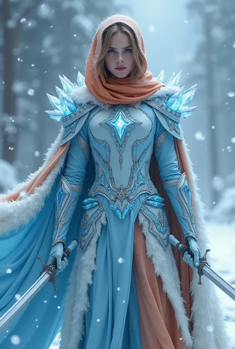 a woman covered in orange blue and jingga a hijab and holding a sword and sword, ice crystal armor, ice witch, ice and storm queen, armor made of ice, ice witch, ice queen, silver blue and ice armor, ice witch Beautiful ancient, wearing diamond armor, HD e...