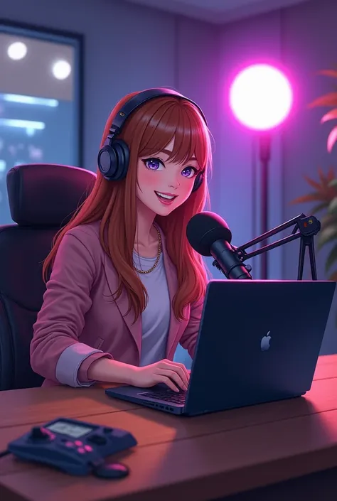 A woman sitting at a table，Laptop and microphone in hands, Sitting in front of the microphone, Twitch Streamers, Twitch Streamers/Ludwig the Gamer, Accept an interview, Accurate portrait, Smile and take control, Hours 3 Hours 3, With a happy expression, Ac...