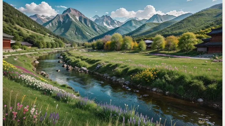 Mountain, flower, river painting with chinese traditional style, super great view and color grading, fit with every human generation eyes, different type and color of flowers, grass land