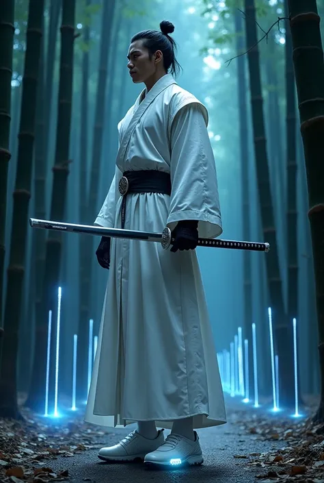  samurai in white dress, cutting-edge design , long dress closes all parts , With the ultimate bamboo plant, ears, eyes, {x}, but it still retains the ancient samurai vibe., is a tall man, big muscles ,Holding a sword,In the bamboo forest, , where the atmo...