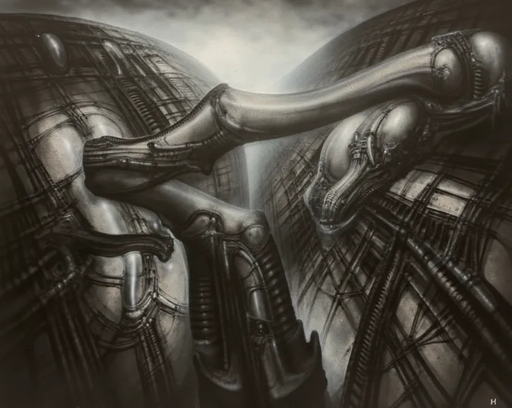 In a shadowy, surreal landscape reminiscent of H.R. Gigers most provocative works, an intricate labyrinth of incomprehensible industrial alien technology unfolds before the viewers eyes. The image depicts a surreal scene featuring humanoid figures with elo...