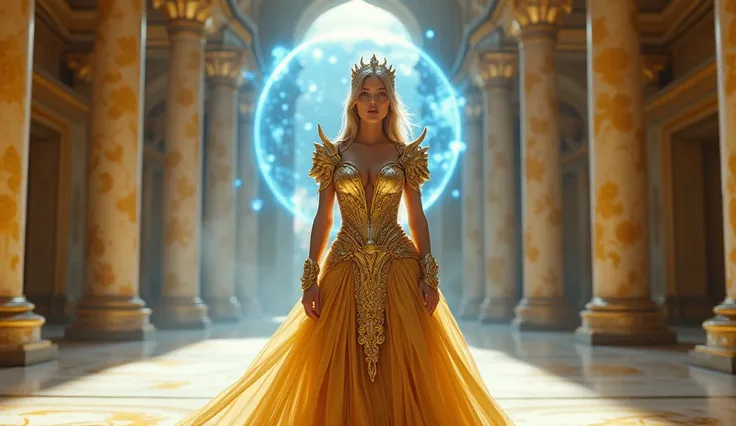 
"A female model standing in a grand, opulent palace with tall golden pillars and a polished marble floor. She is wearing a shimmering, deep-neck golden gown with ornate armor-like elements that accentuate her fuller chest and slender physique. Her gown is...