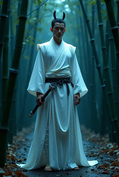  samurai in white dress, cutting-edge design , long dress closes all parts , . It is a samurai dress with a skirt and built-in pants. , Dress length. Close all body parts  , With the ultimate bamboo plant, ears, eyes, {x}, but it still retains the ancient ...