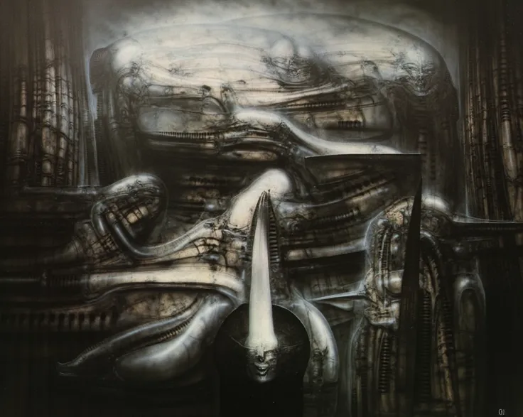 In a shadowy, surreal landscape reminiscent of H.R. Gigers most provocative works, an intricate labyrinth of incomprehensible industrial alien technology unfolds before the viewers eyes. The image depicts a surreal scene featuring humanoid figures with elo...