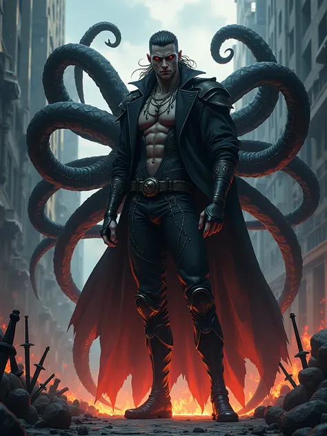 An anime male with long blood eyes in a gothic combat suit， strong body， Handsome，Turn sideways，There is a flame under your feet，The ground is full of swords ，Standing on the streets of the end ，Twelve giant black tentacles grew from behind him，Horror atmo...