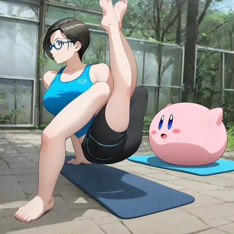 1girl, wii fit trainer (female), wii fit, sports bra, yoga, barefoot, 5toes, foot on head, best quality, kirby, round, anime style, 2_characters, handstand with kirby on her feet
