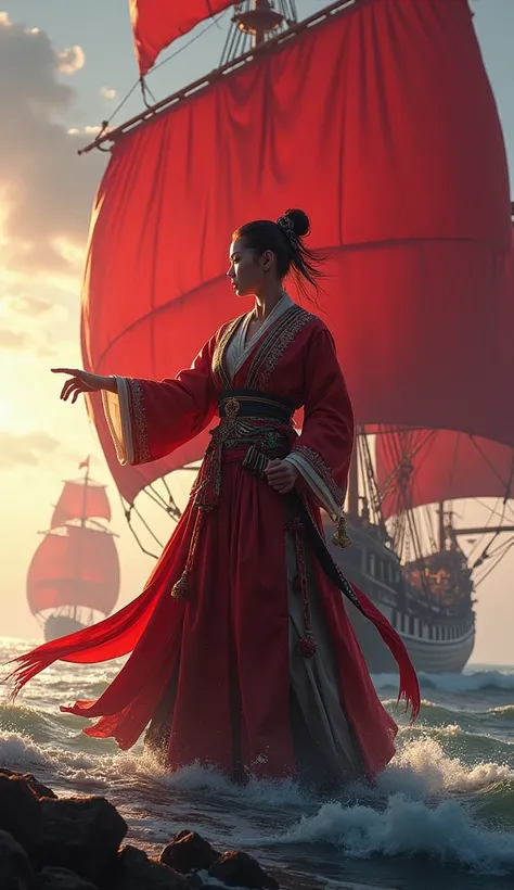 Ching Shih, Queen of Pirates
A fierce and commanding female pirate standing on the deck of a massive Red Flag Fleet ship. She is dressed in elegant yet practical attire, blending Chinese and nautical influences. Her fleet spans the horizon, with red sails ...