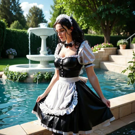 . A beautiful woman with long, silky black hair sitting waist-deep in an ornate stone park fountain, wearing a traditional French maid uniform: a black dress with a white apron and lace trim, now soaked and clinging to her form. Water trickles down her bar...