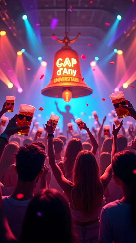 A vibrant and dynamic university party scene set in a neon-lit nightclub at night. The atmosphere is electric, with caricatured students joyfully raising beer mugs, their faces glowing under the colorful neon lights. Playful grapes wearing sunglasses are d...