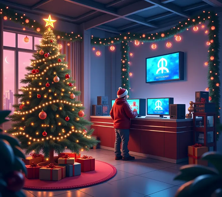 The Gaming PC Cyberclub has a Christmas tree at the reception and the admin in the New Years header invites customers