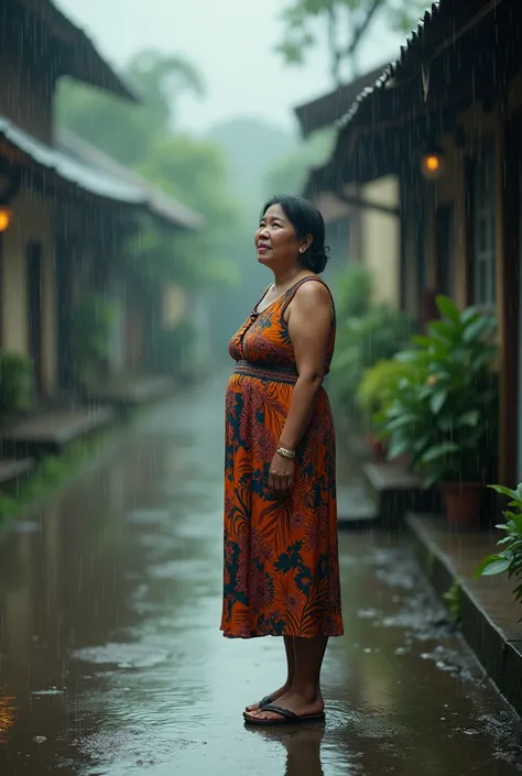 A beautiful and rather chubby Indonesian woman of 43 years old wearing a dress and wearing flip flops is in the rain on the street where the village of the dress she is wearing is very wet 