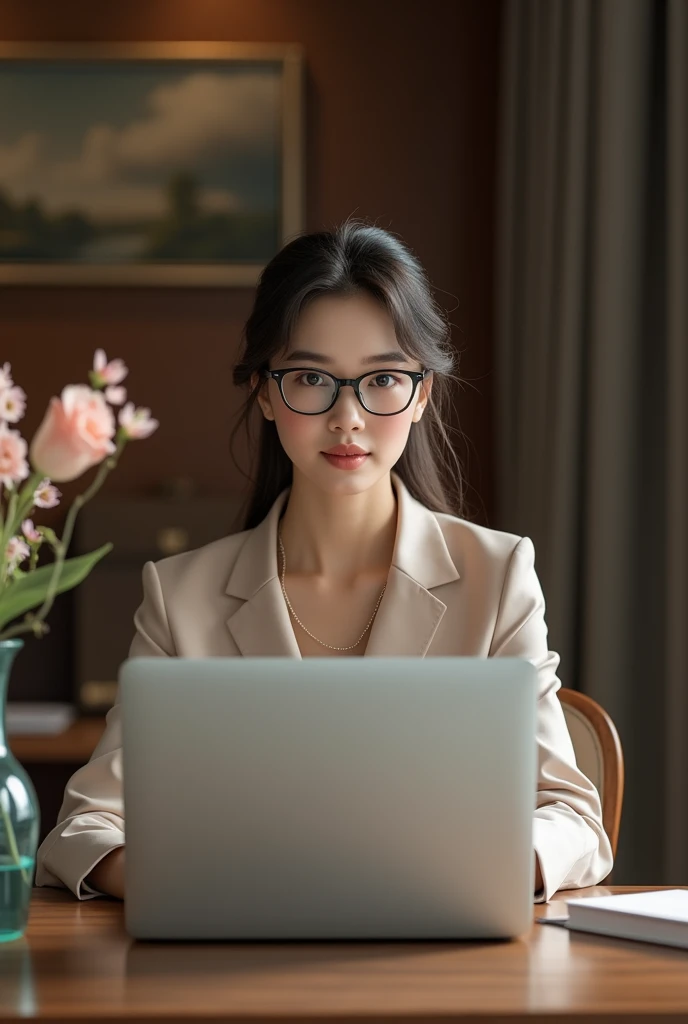 Create a picture of a ver beautiful lady with glasses with laptop in front of her on a desk and she sitting on a chair with the laptop facing the camera in her office