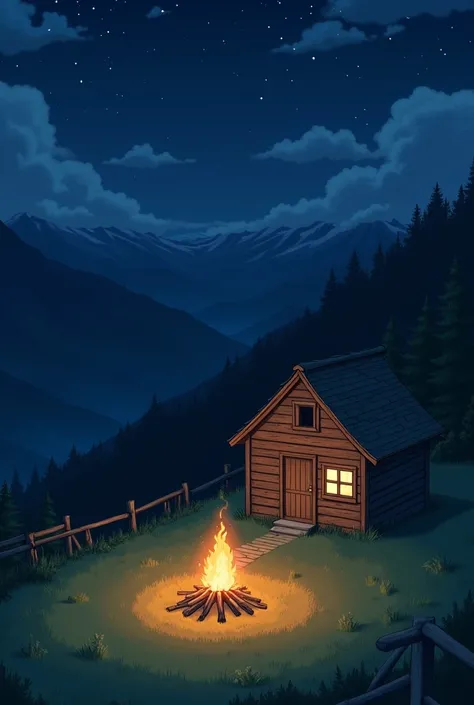  This is a 2D anime image， There is a small fire on the lawn on the mountain at night ，Burn with wood ， next to an ordinary wooden house，Close-up fire 