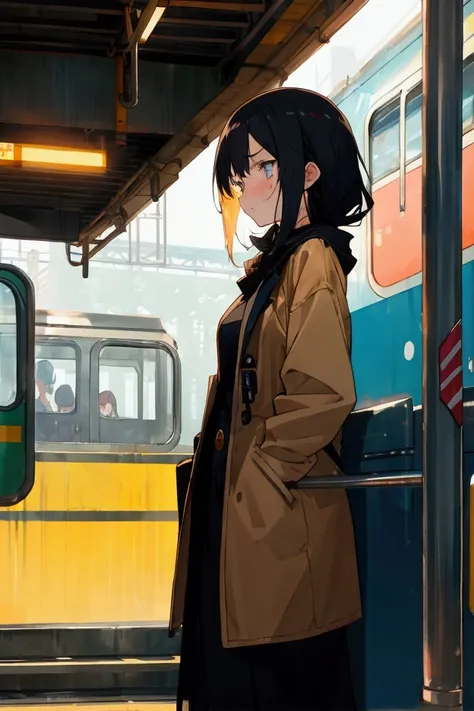  Anime style, a young woman is waiting for the train with a sad expression 