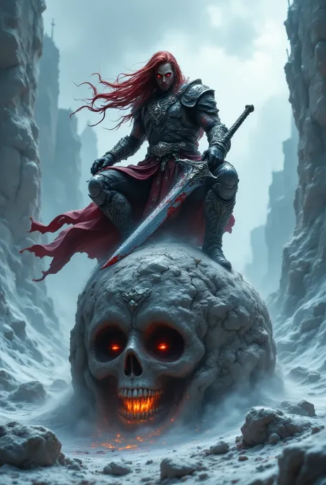 A strikingly handsome warrior, his long crimson hair flowing wildly in the icy wind, sits triumphantly atop the severed head of his defeated foe. His skin, a deep red hue, gleams under the faint light of a frozen, desolate valley. His intricate, battle-wor...