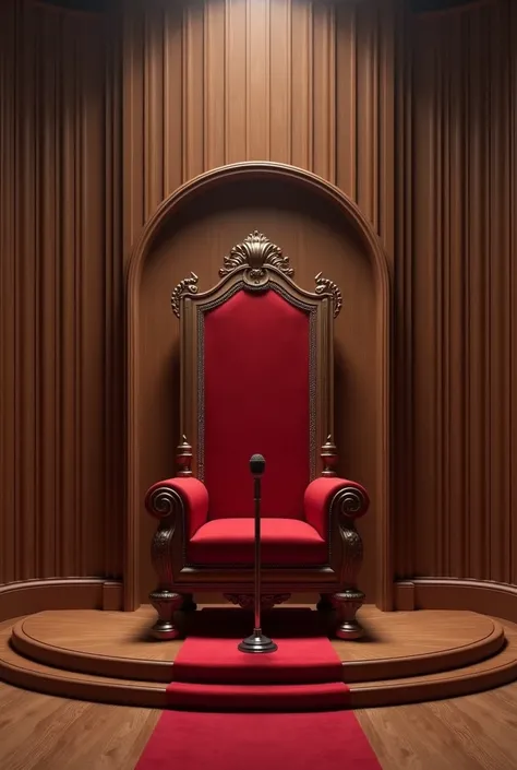 A red blank throne .  In front of a speech microphone .  Wood Round space to put photos