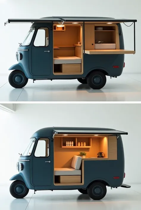 The image shows a compact and modern camper vehicle, converted from a retro three-wheeled design. The camper has a small, sleek, dark blue body with a functional interior. It features an extended side awning, a cozy seating and dining area with light woode...