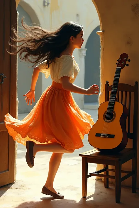  An Andalusian girl running and a classical guitar placed on a chair and above the title : "Clara i su universo "