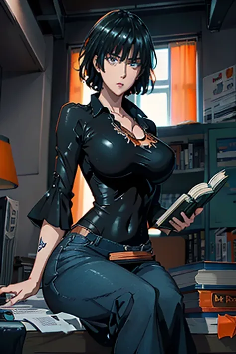 (1girl), black hair, beautiful detailed eyes, blue eyes, curvy, Slender, large breasts, tattoo, ((short sleeves orange)), blue jeans, book, (cleavage), (((reading book))), (from left side), dynamic angle, in home, Highest quality, Super detailed, masterpie...