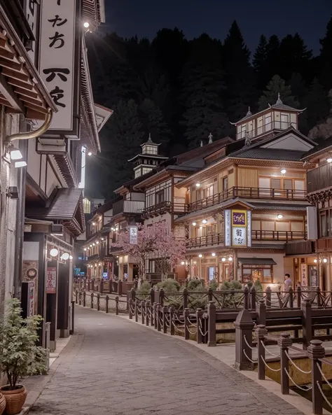  Ghibli style hot spring town 
「 A beautiful hot spring town nestled in the mountains at night 。Wooden buildings line up 、 A nostalgic street with soft light 。 Inns and bridges where you can feel Japanese culture from the good old days、 The riverside scene...