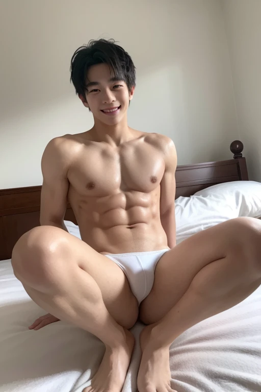 A boy sit the bed,young face ,young boy,cute boy, white thong,Smooth skin,, junior school student, Differential crushing cap, rough breath, Black hair, Messy hair, modern, whole body shots, hyper HD, Masterpiece, ccurate,sexy pose.solf smile.