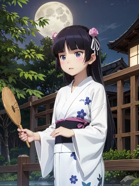 rruri gokou,  1 girl , Alone,  long hair, hime cut,  black hair, Japanese style, yukata, night,  full moon,  lakeside, 白と紫の流水模様のyukata, fan in hand ,  bamboo grove and moonlight in the background , Elegant standing posture, Japanese styleミステリアスな雰囲気