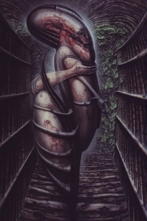 gigerart, a piece of art by HR Giger. Create biomechanical tableau in h r gigers style. It is called /“ biomechanical landscape no 312 /”  by H. R. Giger  Can you please draw a pencil sketch on antique plot that depicts curse of Solomea in unmaskable Giger...