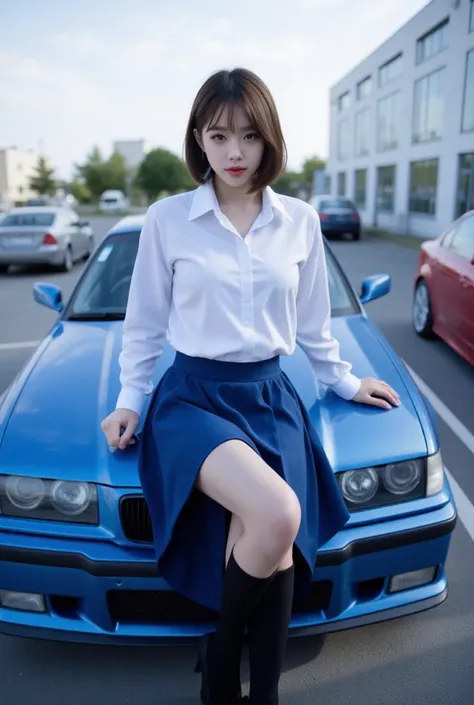 A young woman in a school uniform posing next to a blue car BME E36 M3. She sitting on the hood of a car. She is wearing a blue skirt, a white blouse, and black knee-high socks. Her hair is styled in a bob with bangs and she is looking directly at the came...