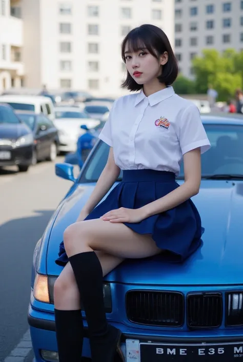 A young woman in a school uniform posing next to a blue car BME E36 M3. She sitting on the hood of a car. She is wearing a blue skirt, a white blouse, and black knee-high socks. Her hair is styled in a bob with bangs and she is looking directly at the came...