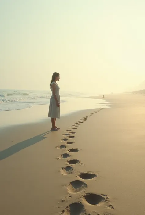 Wide shot of woman standing looking at footprints in the sand