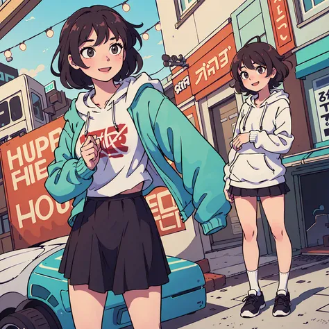 (best quality:0.8) perfect anime illustration, a pretty, happy woman with short curly brown hair on the street in the city, wearing a hoodie, skirt