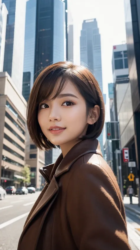 highest quality、genuine、Super detailed、finely、High resolution、8k wallpaper、one beautiful japanese woman Walking  Under the skyscraper、light brown short hair、sharp focus、perfect dynamic composition、beautiful and detailed eyes、thin short hair、Detailed genuin...