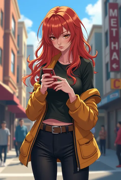 Asuka Langley Evangelion, a stunning woman, confidently using her phone on a vibrant city street in trendy attire.